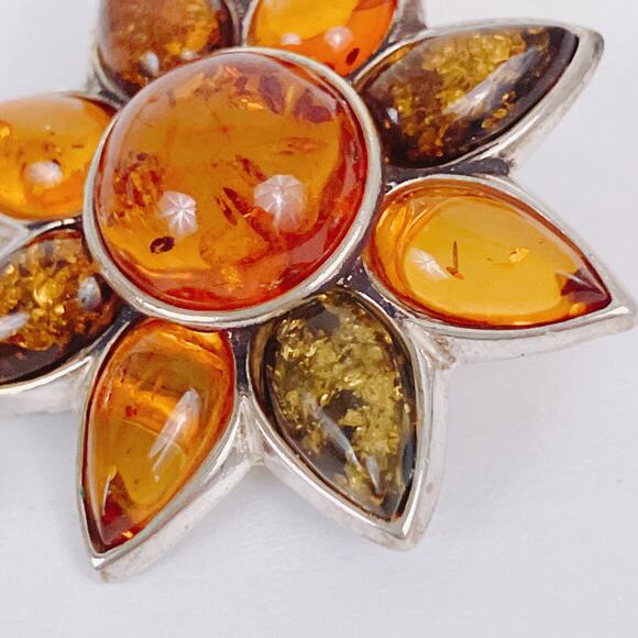 Genuine Baltic Amber Sterling Silver Clip On Sunflower Earrings Poland Vintage - Picture 4 of 16